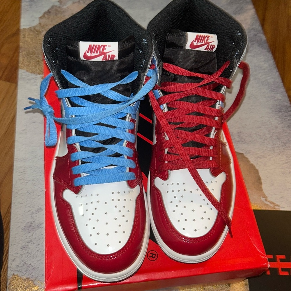 Red white black patent Retro Jordan OG  gym shoe size 8.5
